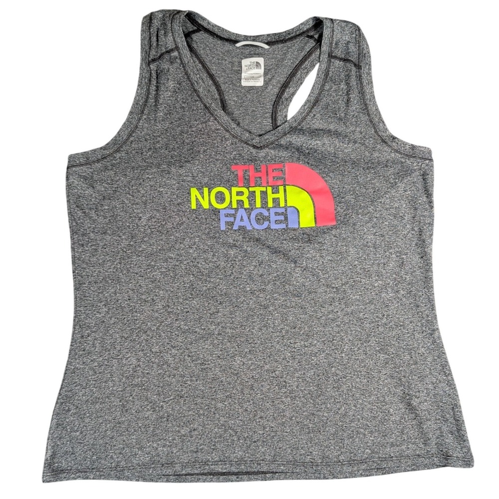 The North Face Womens VaporWick Racerback Tank Top Heather Gray Neon Logo L/G